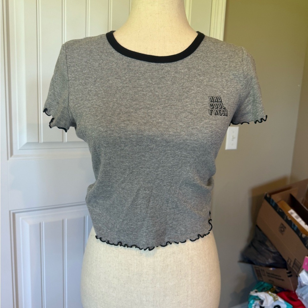 Forever 21 Grey Ringer Crop‎ Top Lettuce Hem "Bad Cool Fresh" Graphic Tee Womens